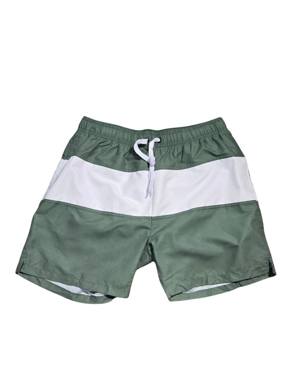 NWOT | Olive Green & White Colorblock Quick Dry Swim Shorts Zipper Pockets | 34